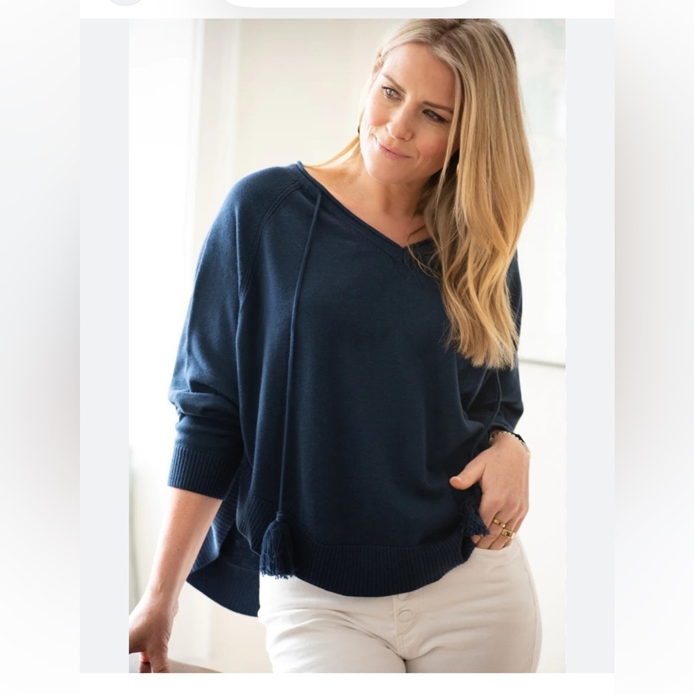 BURGESS The Tess Poncho Sweater | Hello Sailor Navy Blue V-neck Tassel Tie